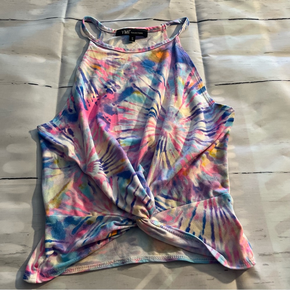 Multicolored Tie Dye Style High Neck Tank Top with Twist, Soft Material, Small